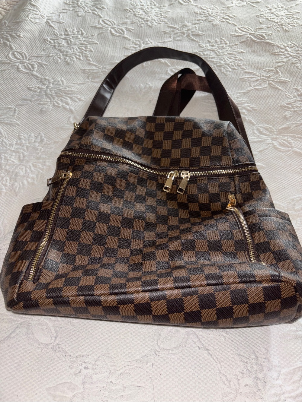 Checkerboard Brown Zip Backpack